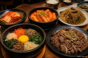 Nama makanan Korea populer kimchi tteokbokki bibimbap bulgogi dan japchae