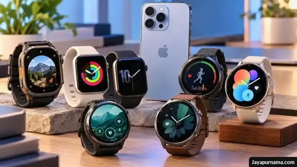 Deretan smartwatch dengan fitur olahraga dan kesehatan di sekitar iPhone untuk berbagai kebutuhan pengguna.