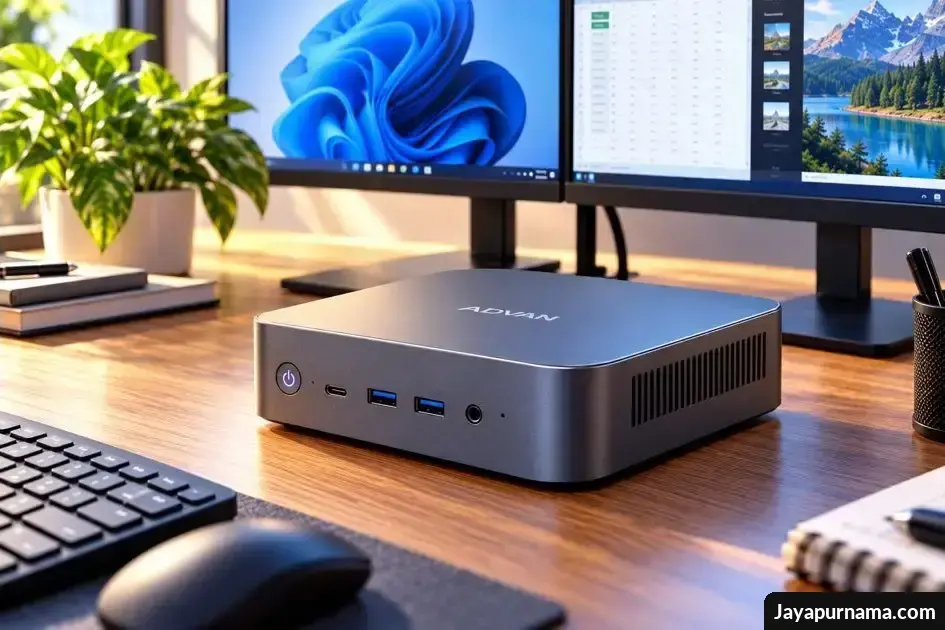ADVAN Mini PC berwarna gelap di meja kerja dengan dua monitor dan aksesori komputer.