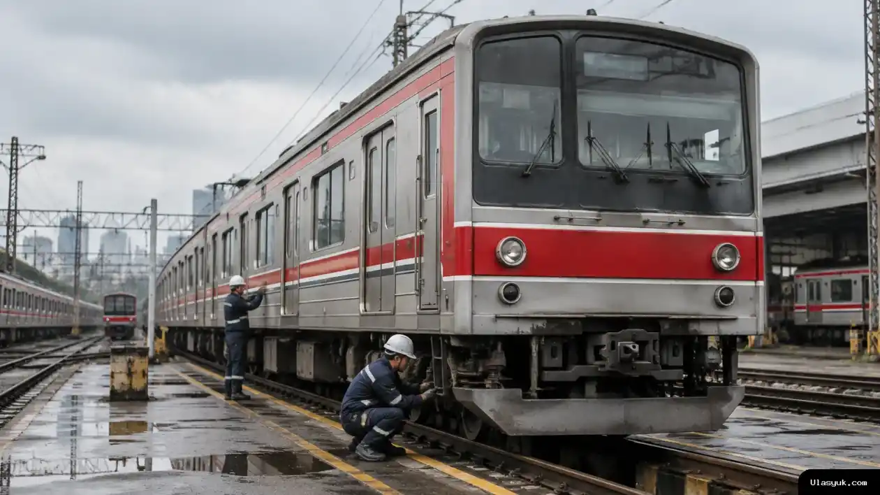 Sebuah rangkaian KRL berada di jalur depo, dengan teknisi memeriksa kereta dan rel lain tampak di latar belakang. Rangkaian KRL di jalur depo perkeretaapian