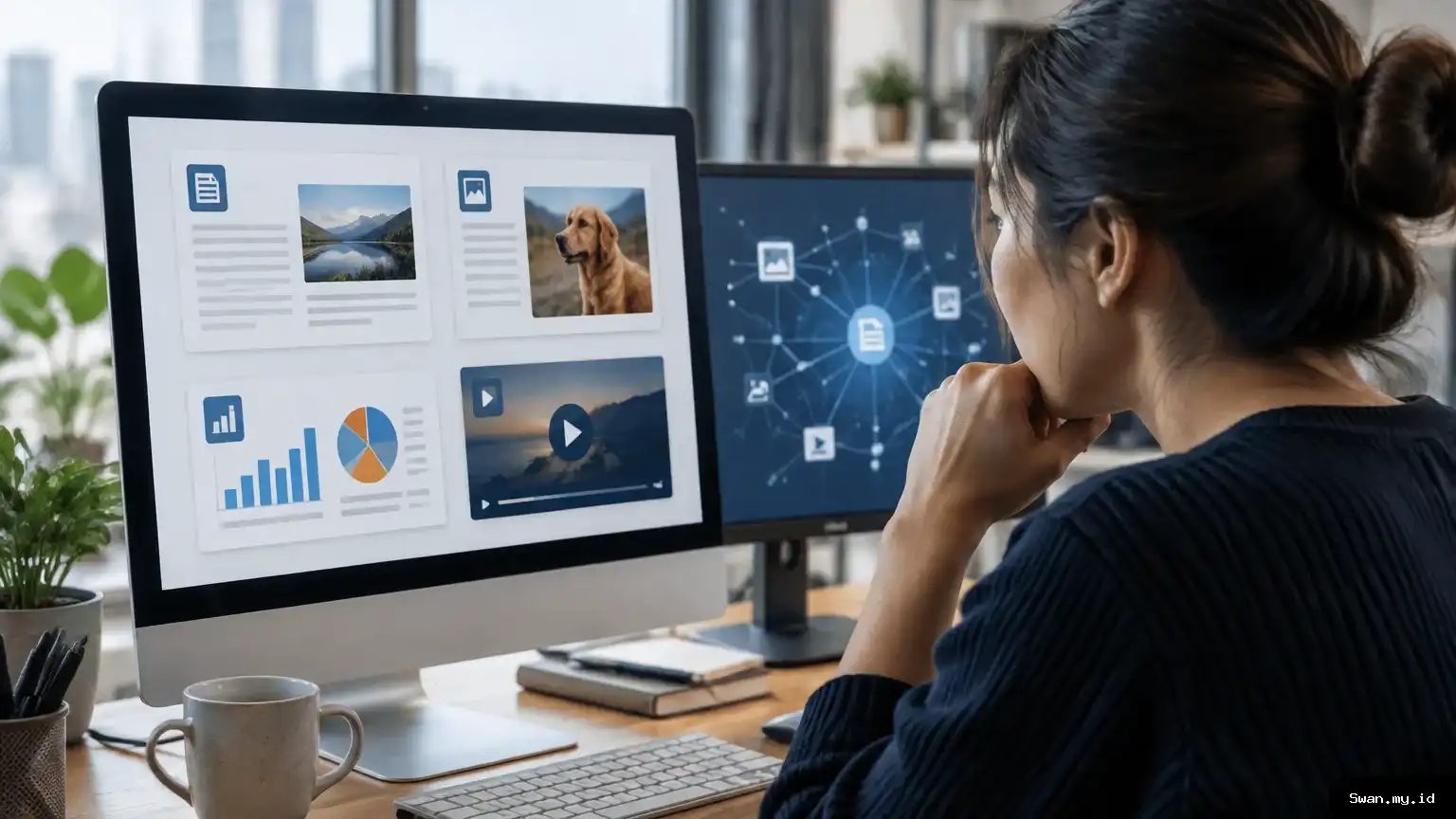 A publisher reviews a website permissions notice beside a screen representing digital content and automated platforms. Publisher reviewing website content permission requirements