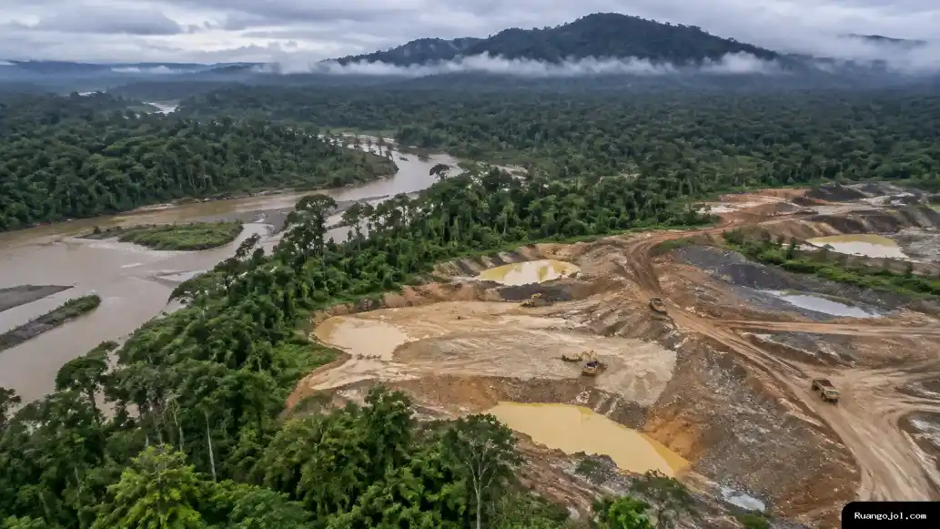 Pemandangan udara miring kawasan pertambangan emas di Makimi, Nabire. Area tanah terbuka dan alur sungai terlihat berdampingan dengan hutan tropis, sementara beberapa alat berat berada di kejauhan. Area terbuka bekas pengerukan tambang berbatasan dengan hutan tropis di Nabire