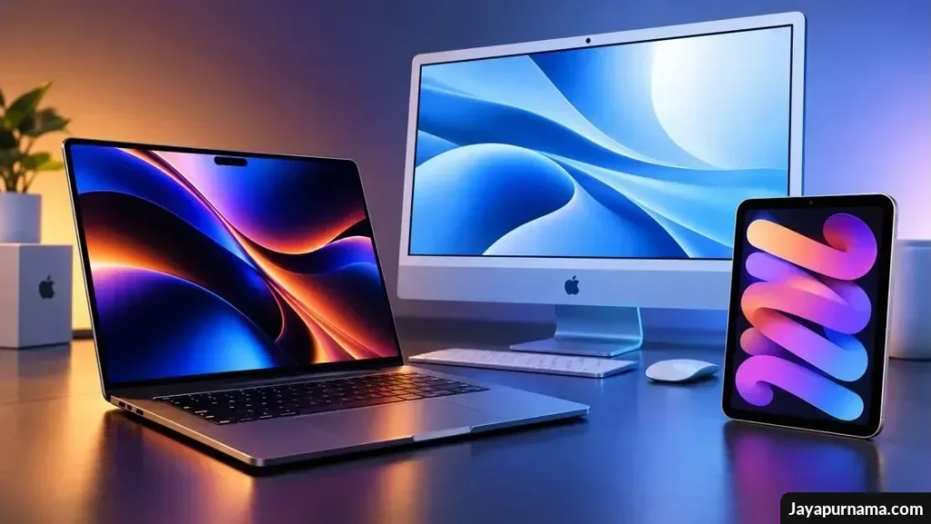 MacBook Pro, komputer iMac, dan tablet iPad dalam tampilan layar berwarna di studio teknologi.