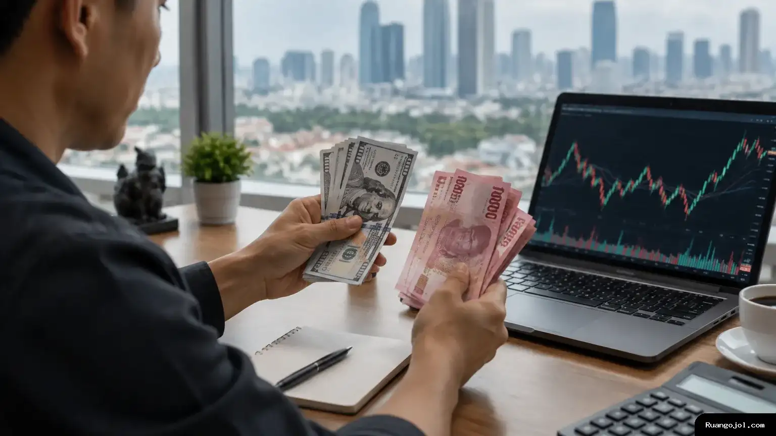 Ilustrasi suasana pasar keuangan dengan rupiah dan dolar AS berdampingan, menggambarkan arus modal yang bergerak menuju aset pilihan investor. Rupiah dan dolar AS di meja kerja