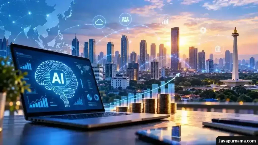 Ilustrasi kecerdasan buatan pada laptop dengan grafik investasi dan panorama perkotaan Jakarta