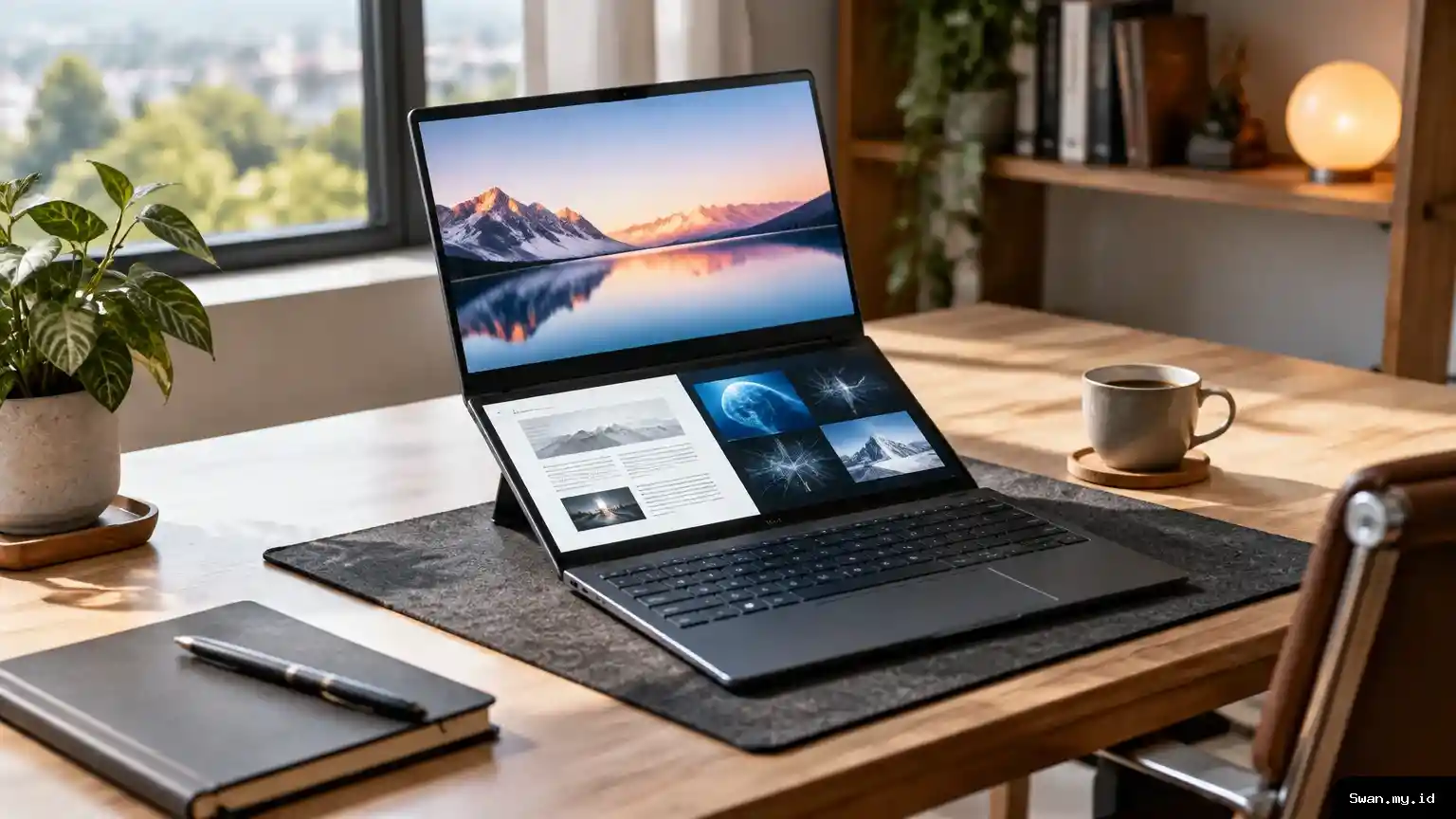 A two-screen OLED laptop sits open on a desk, illustrating the display layout and workspace considerations discussed in the article. Open dual-screen OLED laptop on a home-office desk