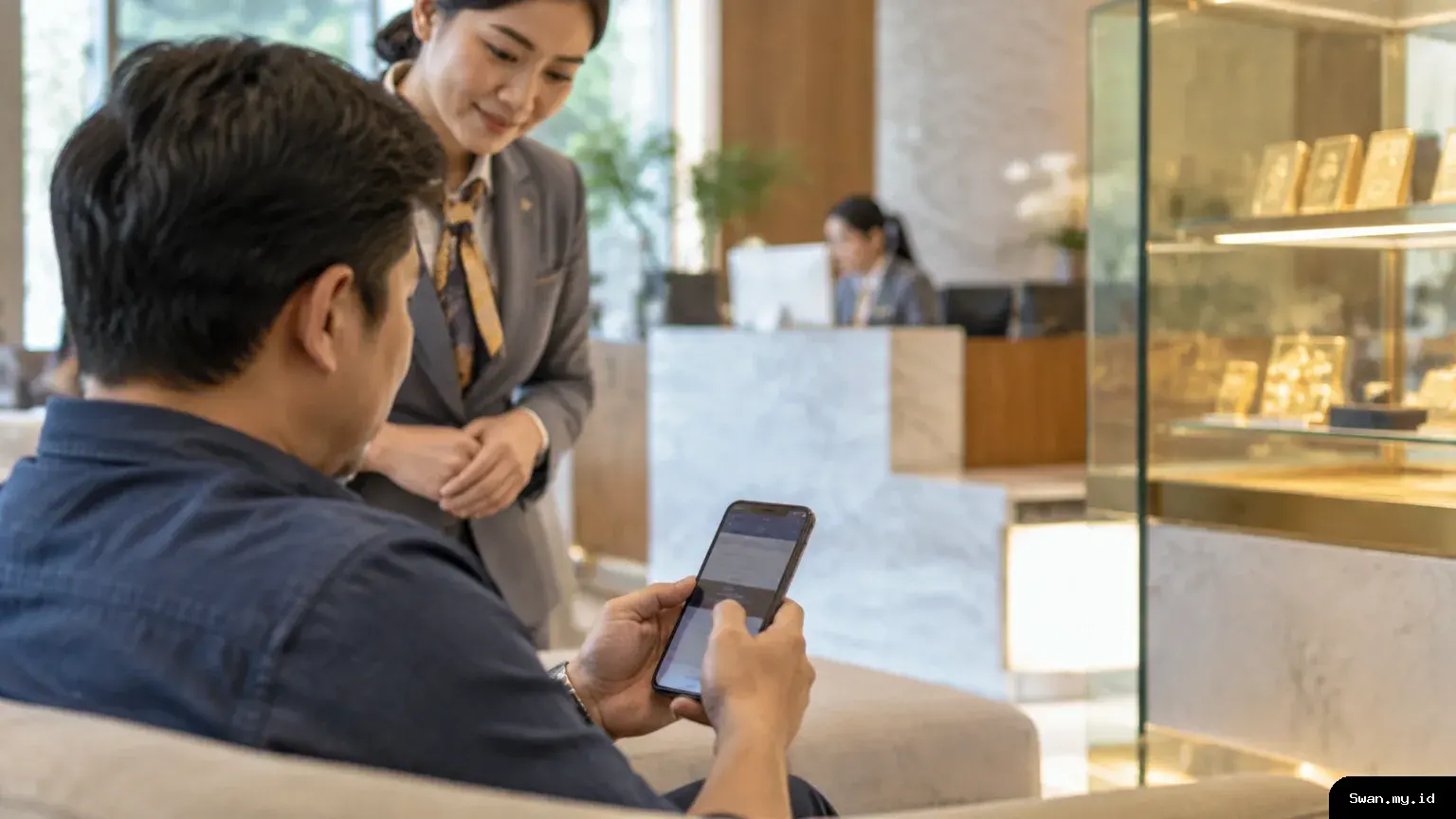 A customer uses a mobile banking app in a branch, representing Bank Mandiri’s combination of digital services and in-person support. Customer using a banking app inside a branch