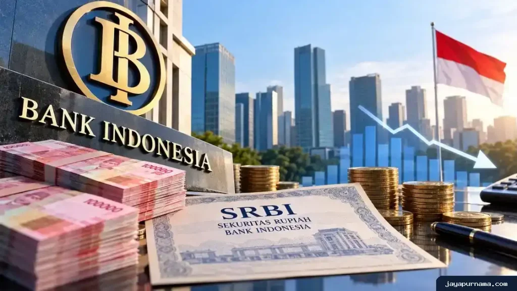 Tumpukan uang rupiah, koin, dan ilustrasi instrumen SRBI di depan gedung Bank Indonesia