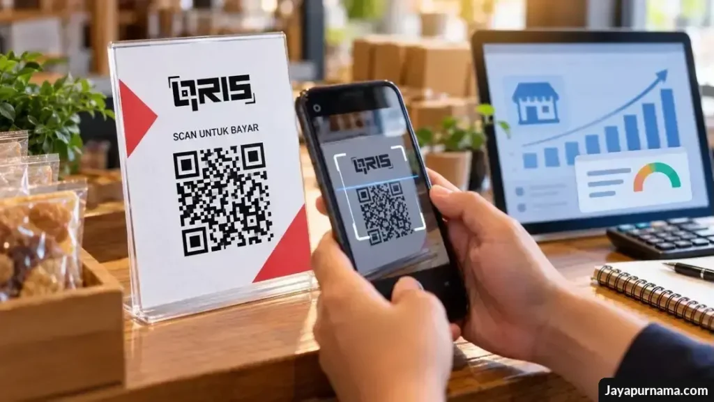 Ilustrasi pembayaran QRIS di meja kasir usaha kecil dengan ponsel dan grafik transaksi digital.