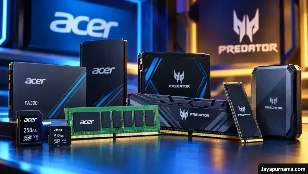 Deretan SSD Acer FA300, modul RAM, kartu memori, dan perangkat penyimpanan Predator