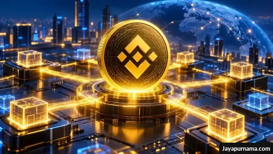 Koin BNB emas di tengah jaringan blockchain yang saling terhubung dengan jalur data bercahaya.