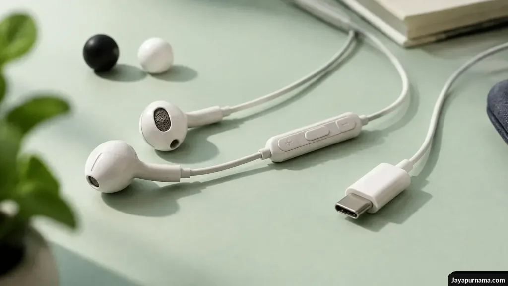 Earphone kabel dengan inline remote dan konektor USB-C di atas permukaan mint