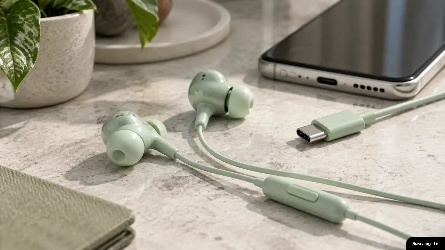 A close product-style view shows pale mint wired earbuds arranged beside a smartphone. Their cable, inline control, and USB-C connector are visible against a simple, softly lit surface. Mint wired earbuds with an inline remote and USB-C connector beside a smartphone.