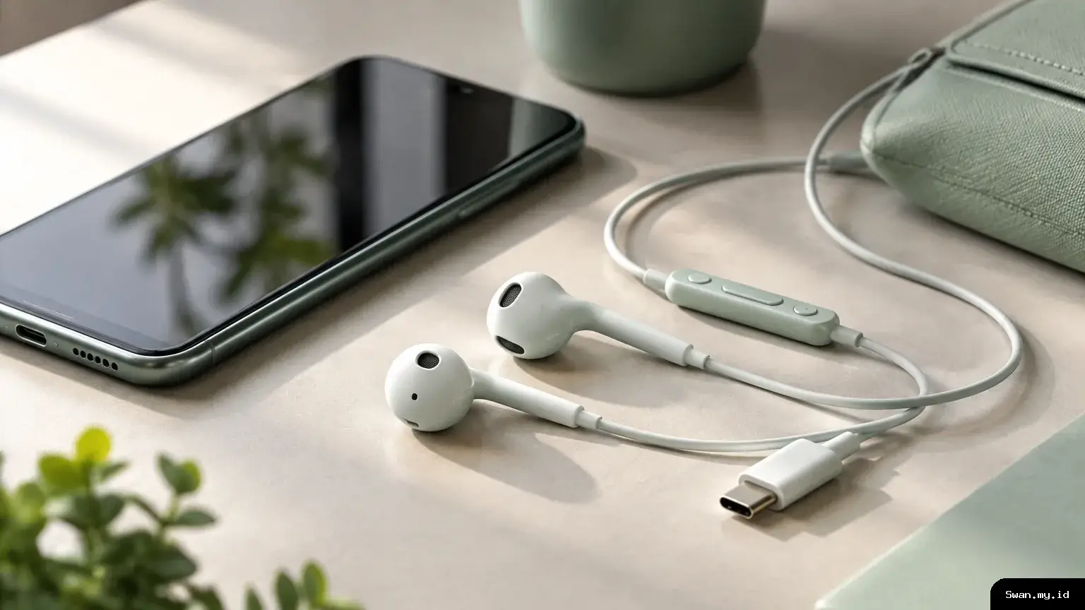 A pair of wired earbuds and their inline remote rest beside a smartphone on a softly lit tabletop. A subtle mint accent adds color to the clean, retro-inspired product scene. Wired earbuds and inline remote beside a smartphone