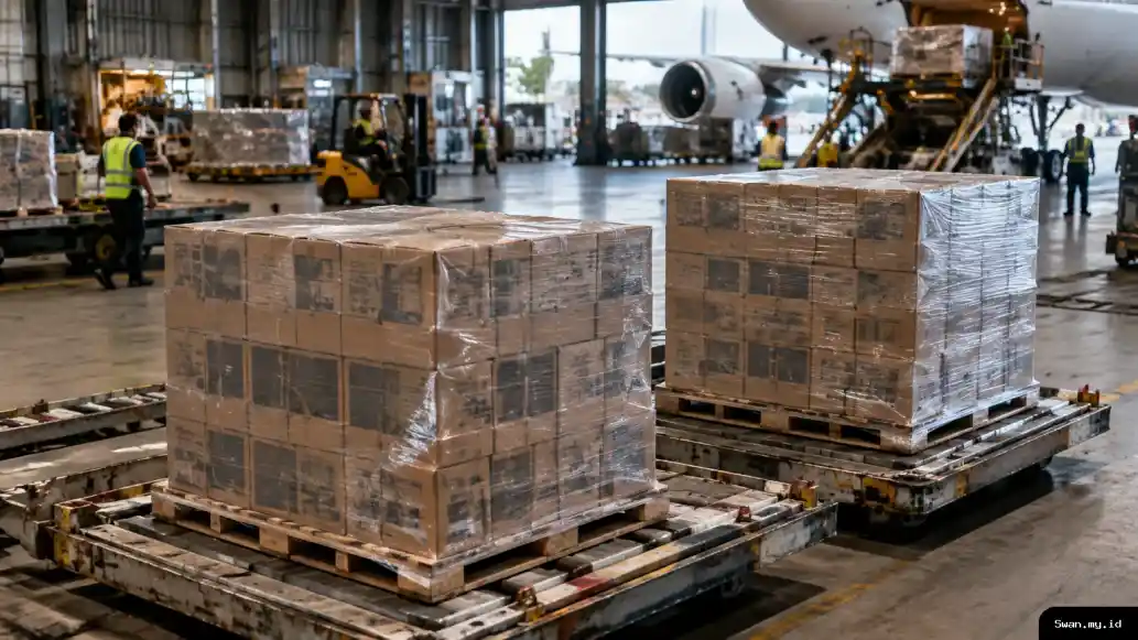 A news-style illustration of two pallets of graphics-card boxes inside an airport cargo warehouse, representing the RTX 5090 shipment reported missing at Guarulhos. Two pallets of graphics card cargo in an airport warehouse