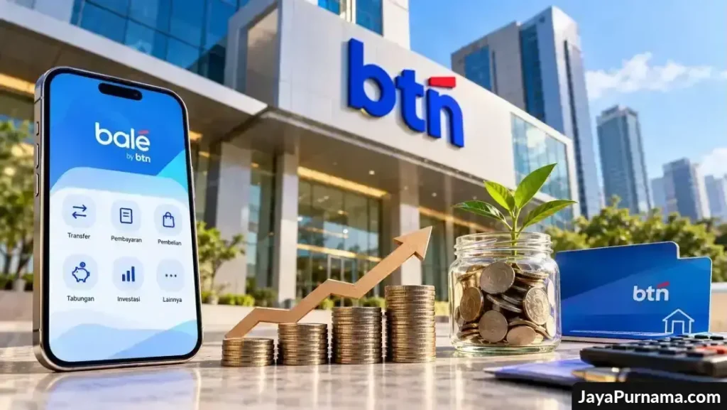 Ilustrasi aplikasi Bale by BTN, tumpukan koin, dan layanan perbankan untuk meningkatkan dana murah.