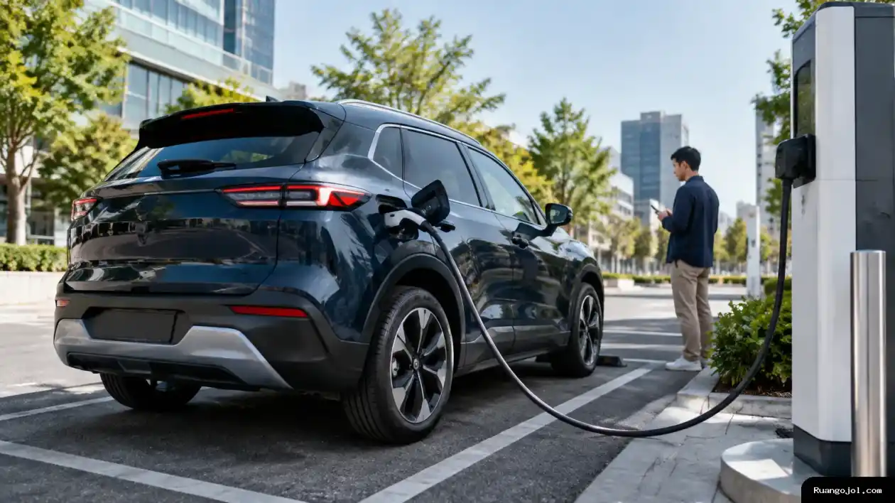 Ilustrasi editorial SUV listrik kompak yang terhubung ke pengisi daya di area modern, menggambarkan teknologi Flash Charging yang menjadi salah satu fitur BYD Atto 2. SUV listrik kompak mengisi daya di stasiun modern