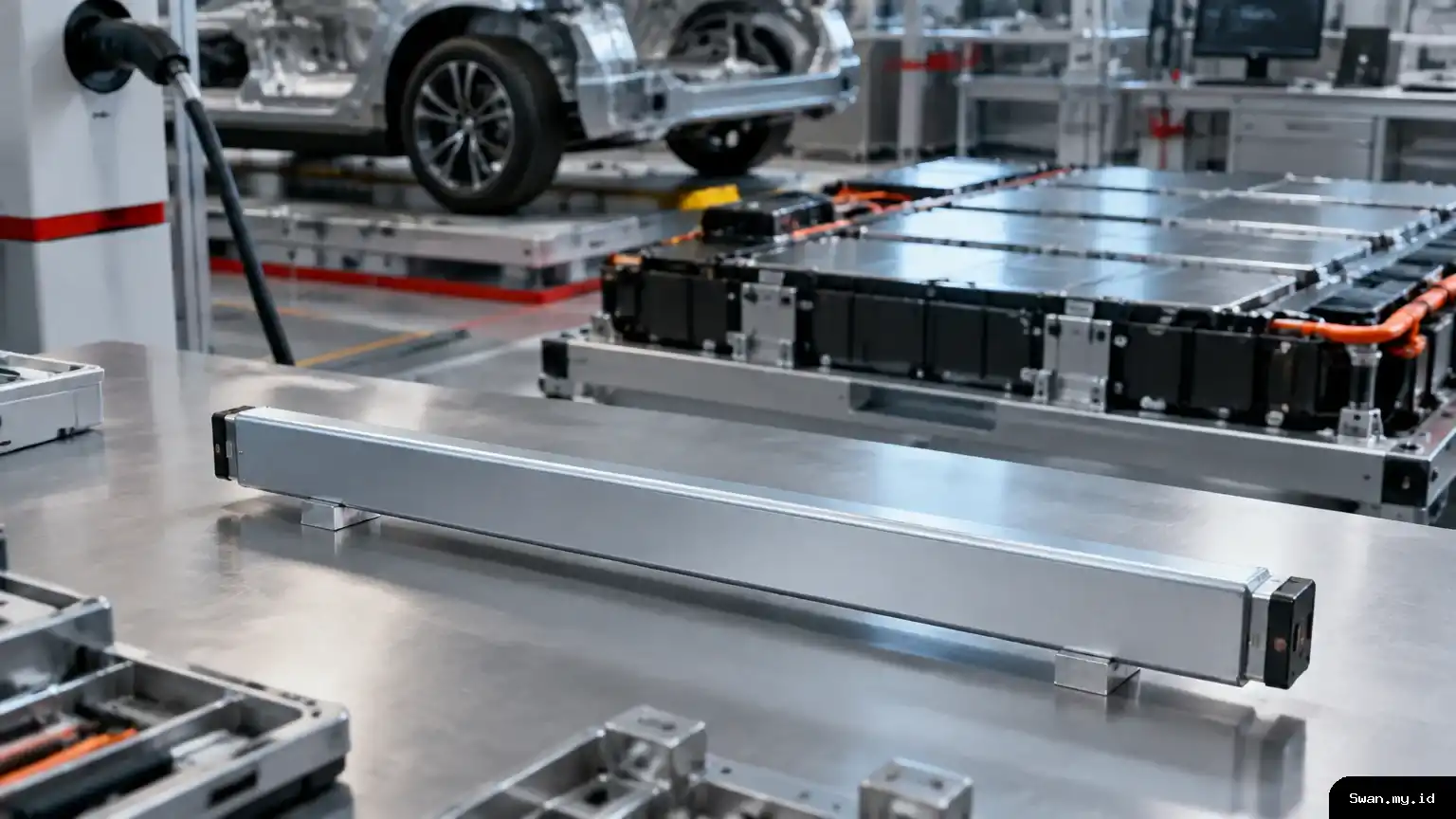 A blade-shaped electric-vehicle battery cell sits on a workbench beside a partially assembled battery pack in a clean research and assembly facility. Blade-shaped EV battery cell beside an assembled battery pack