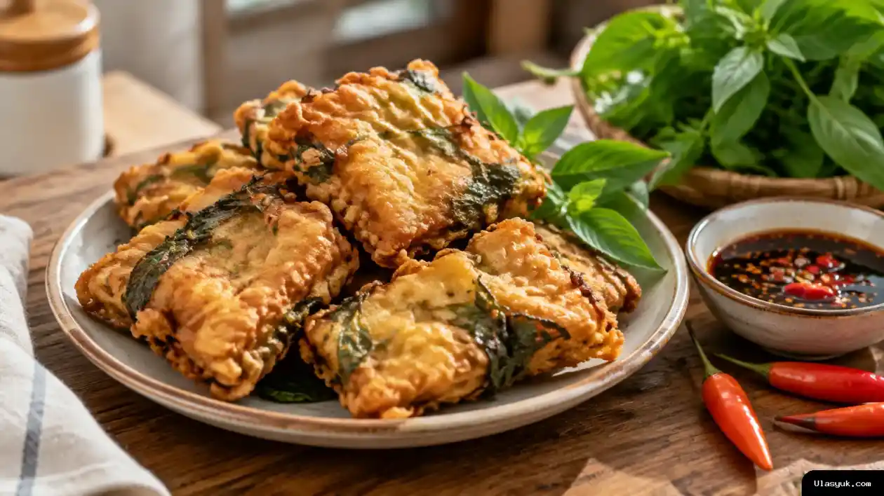 Tempe goreng berbumbu berwarna keemasan dengan daun kemangi, disajikan bersama sambal sebagai lauk rumahan. Tempe goreng renyah dengan daun kemangi