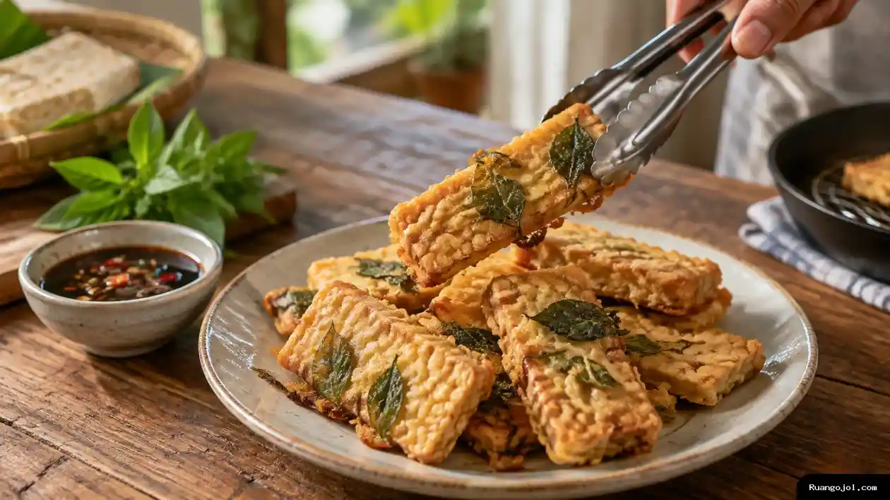Sepiring tempe goreng berlapis tepung keemasan dengan daun kemangi dan sambal kecap di meja dapur. Tempe goreng berbumbu dengan daun kemangi