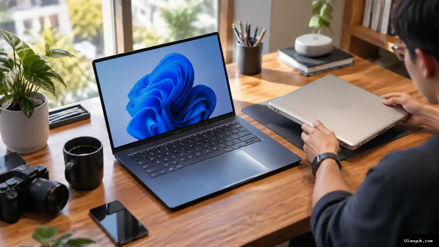 Laptop premium Windows dan MacBook lama berada berdampingan di meja kerja, menggambarkan pilihan trade-in bagi pengguna yang mempertimbangkan perpindahan perangkat. Laptop premium dan MacBook di meja kerja