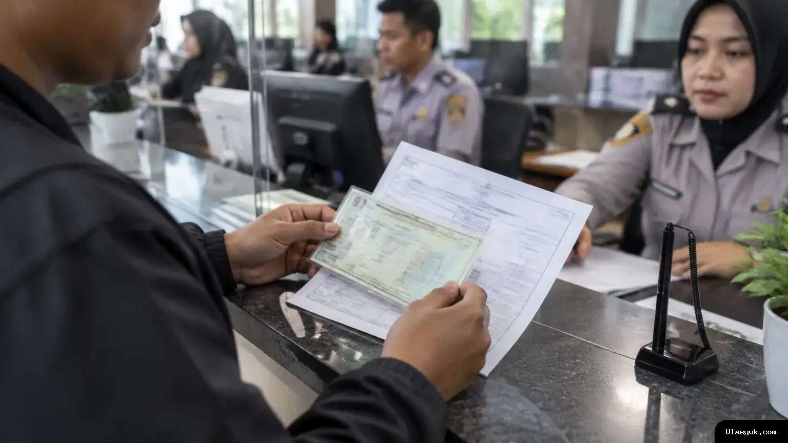 Seorang pemilik kendaraan memeriksa dokumen administrasi pajak di loket Samsat, menggambarkan proses mengurus keringanan pajak kendaraan. Pemilik kendaraan memeriksa dokumen pajak di loket Samsat