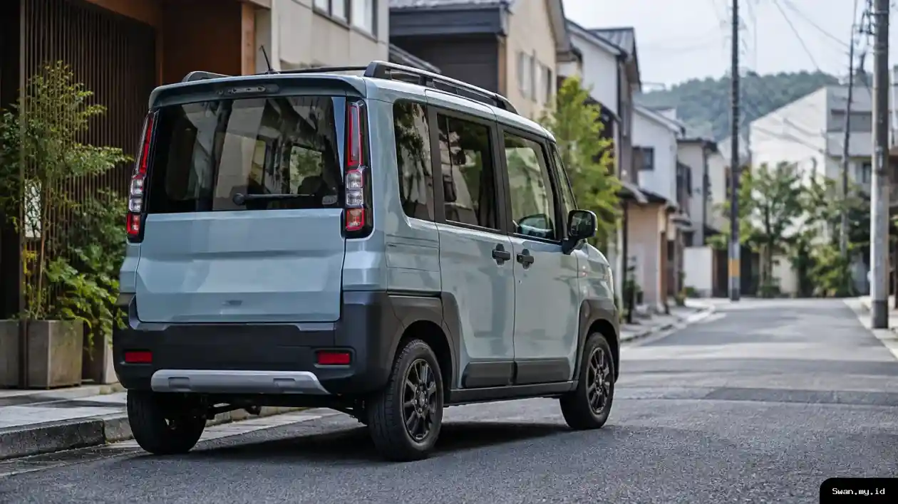 A compact, tall-bodied electric kei car is shown from a three-quarter rear angle on a narrow Japanese neighborhood street. The illustration highlights a sliding rear door and rugged-style plastic body cladding without presenting the vehicle as a confirmed production model. Boxy compact electric car with plastic body cladding on a narrow street