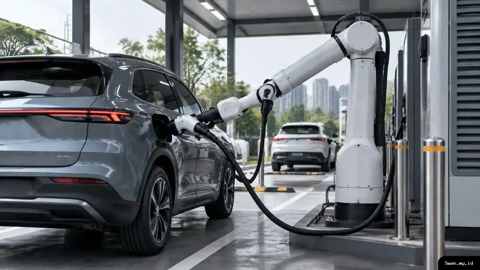 A robotic arm connects an electric SUV at a high-power charging station, illustrating Volt-Dragon’s hands-free charging concept. Robotic arm connects an electric SUV to a high-power charger