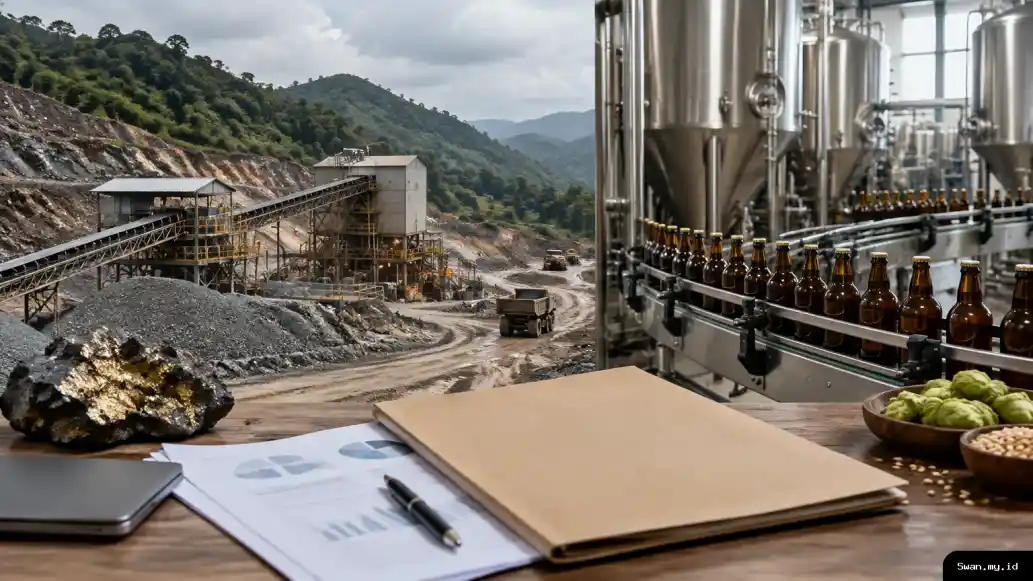 A conceptual split scene pairs a gold-processing operation with a craft brewery to represent SQMI’s Ciemas funding needs and STRK’s proposed ownership change. Gold processing site and craft brewery representing SQMI and STRK