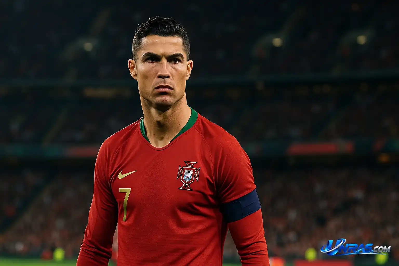 Gambar Cristiano Ronaldo mengenakan kostum timnas Portugal di sebuah stadion dengan penonton yang antusias di latar belakang. Cristiano Ronaldo di lapangan sepak bola Portugal