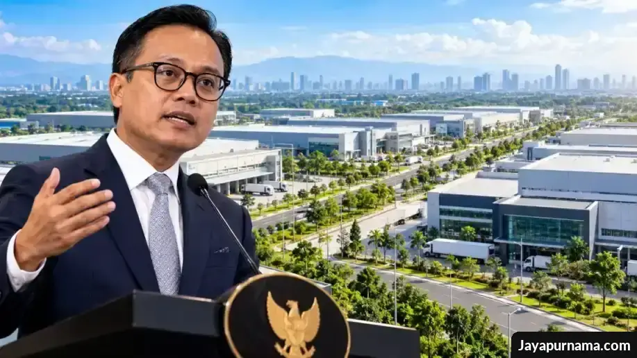 Pejabat menyampaikan arah pengembangan kawasan industri terintegrasi dengan latar kompleks industri modern.
