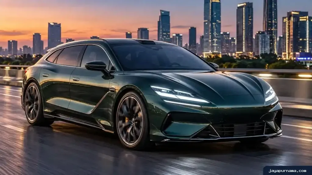Mobil listrik sport premium Danza Z9 GT bergaya shooting brake di jalan perkotaan saat senja.