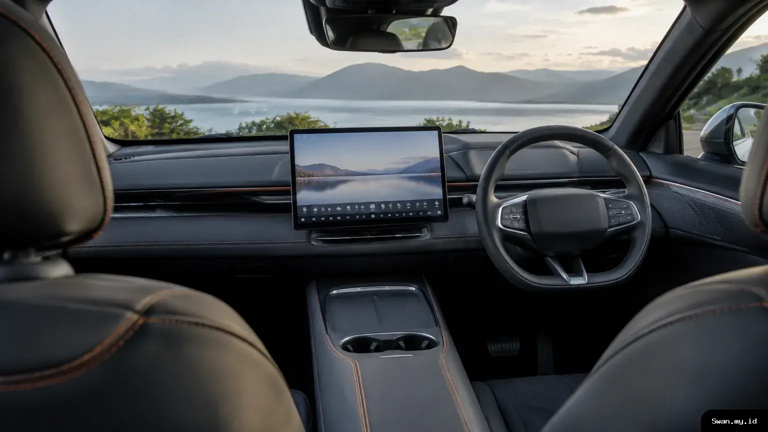 A wide interior view shows the Deepal S05 dashboard, central display angled toward the driver, and orange stitching across the dark cabin. Deepal S05 dashboard with its touchscreen angled toward the driver