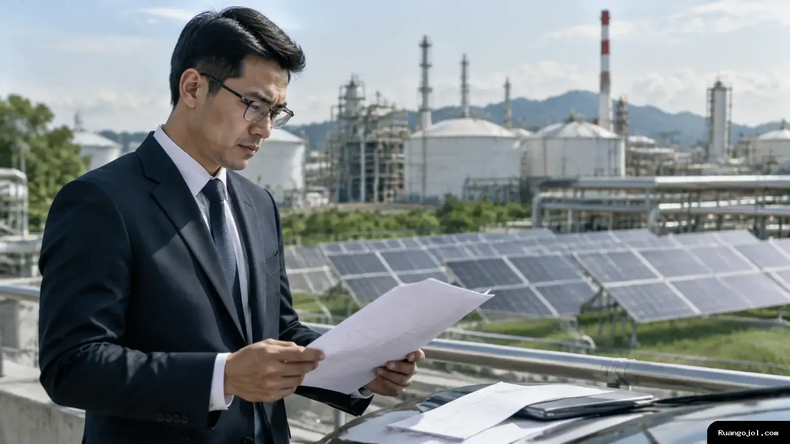 Analis meninjau dokumen saham di depan fasilitas industri energi