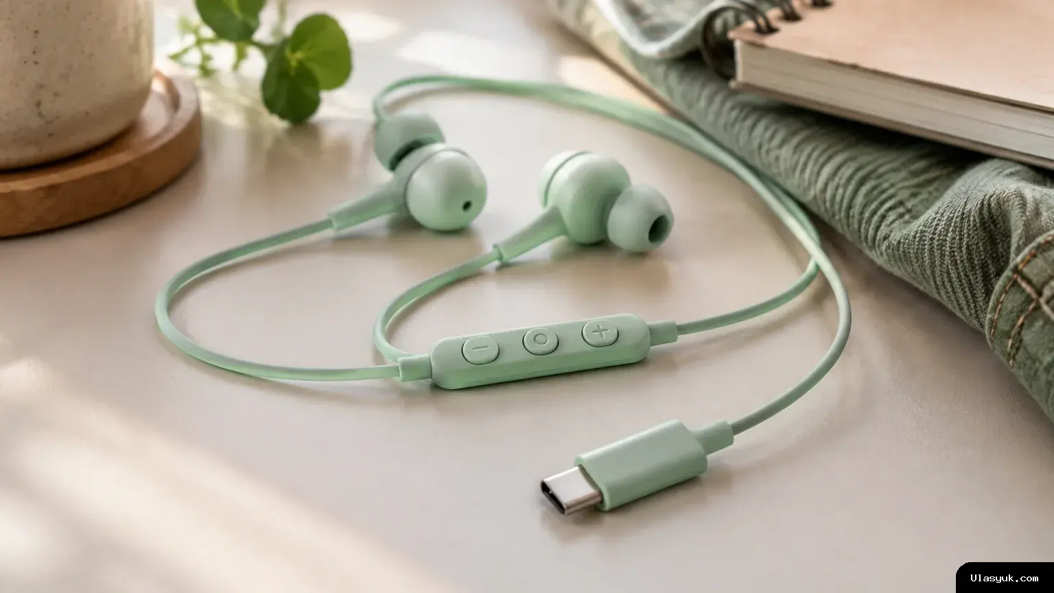 Earphone berkabel USB-C berwarna hijau mint tersusun melengkung di atas meja netral. Pengendali tombol fisik pada kabel tampak jelas, sementara buku catatan dan kain kasual bernuansa retro memberi konteks gaya tanpa mengalihkan perhatian dari perangkat. Earphone berkabel USB-C mint dengan pengendali tombol pada kabel