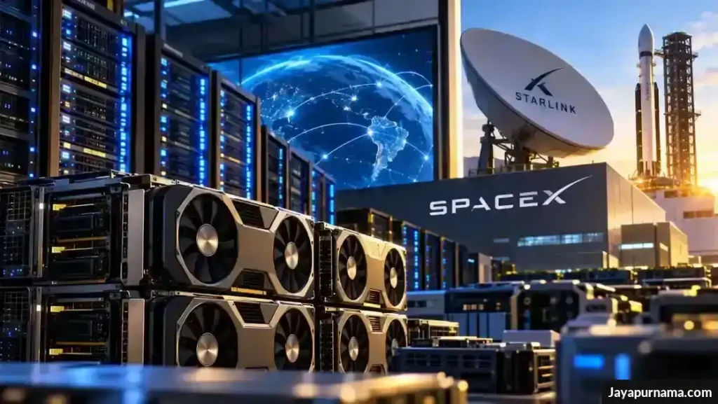 Deretan server GPU di pusat data AI dengan fasilitas komunikasi satelit dan roket SpaceX di latar belakang.