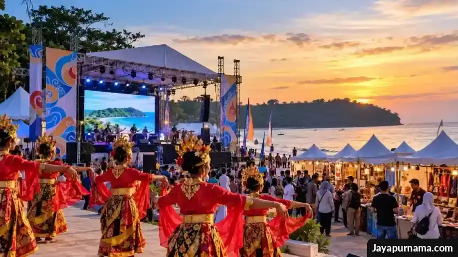 Suasana Festival Pantai Nambo dengan aktivitas wisata pesisir, panggung budaya, dan kegiatan olahraga.