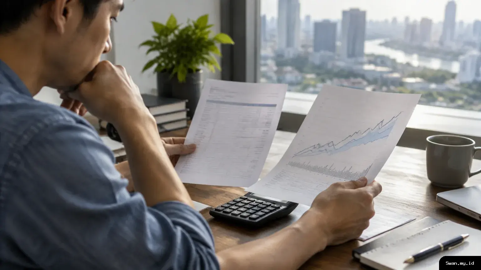 An investor reviews a deposit document and a bond-fund chart at a desk, representing the comparison between fixed income mutual funds and bank deposits. Investor comparing a bank deposit with a bond fund