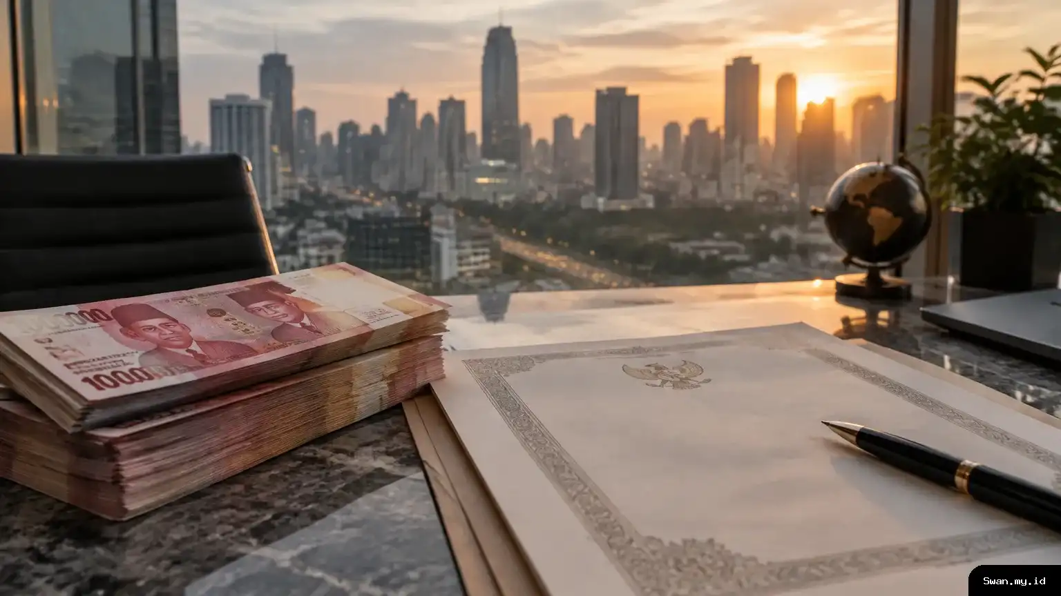 Rupiah banknotes beside a government bond document