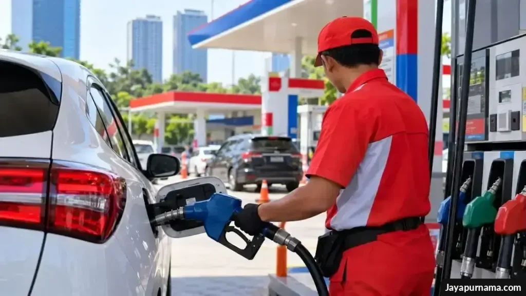 Deretan nozzle pengisian BBM di SPBU dengan latar kendaraan dan area pompa bensin modern.
