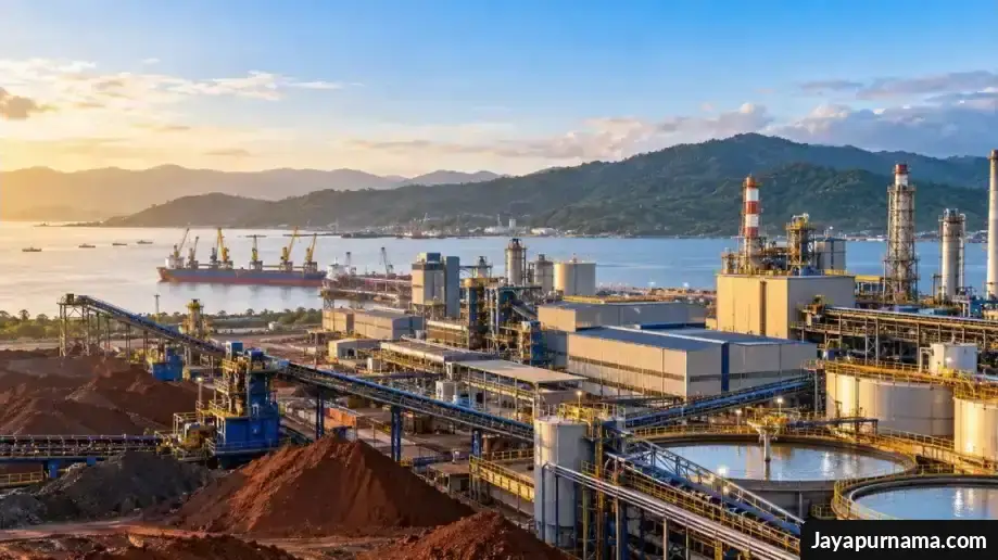 Kawasan industri pengolahan nikel dengan fasilitas produksi logam dan baterai kendaraan listrik.