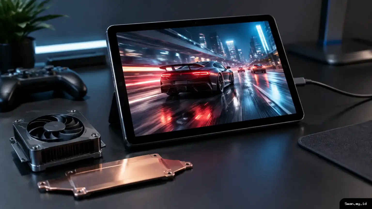 Compact gaming tablet displaying a fast-paced game