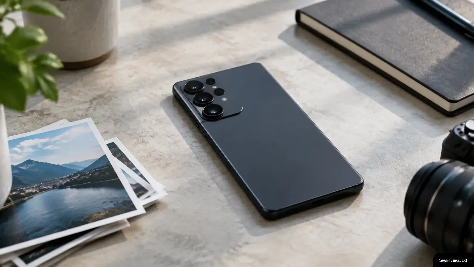 A smartphone rests on a pale desk beside printed photographs and a notebook, illustrating a device purchase and its storage features. HONOR X7d phone on a desk beside photo prints