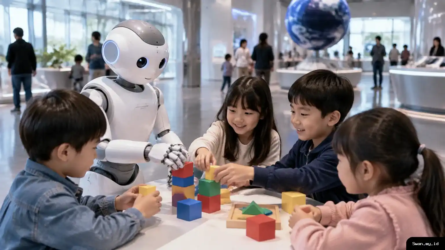 A humanoid companion robot interacts with children during an educational activity in a technology exhibition space.