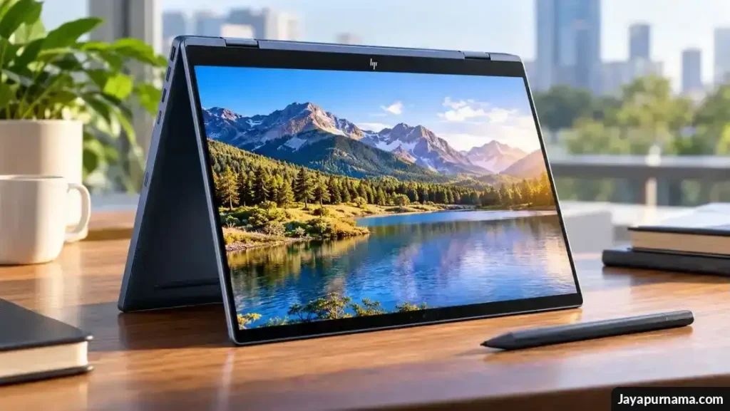 Laptop HP OmniBook X Flip 14 berwarna biru dalam mode konvertibel dengan layar sentuh OLED.