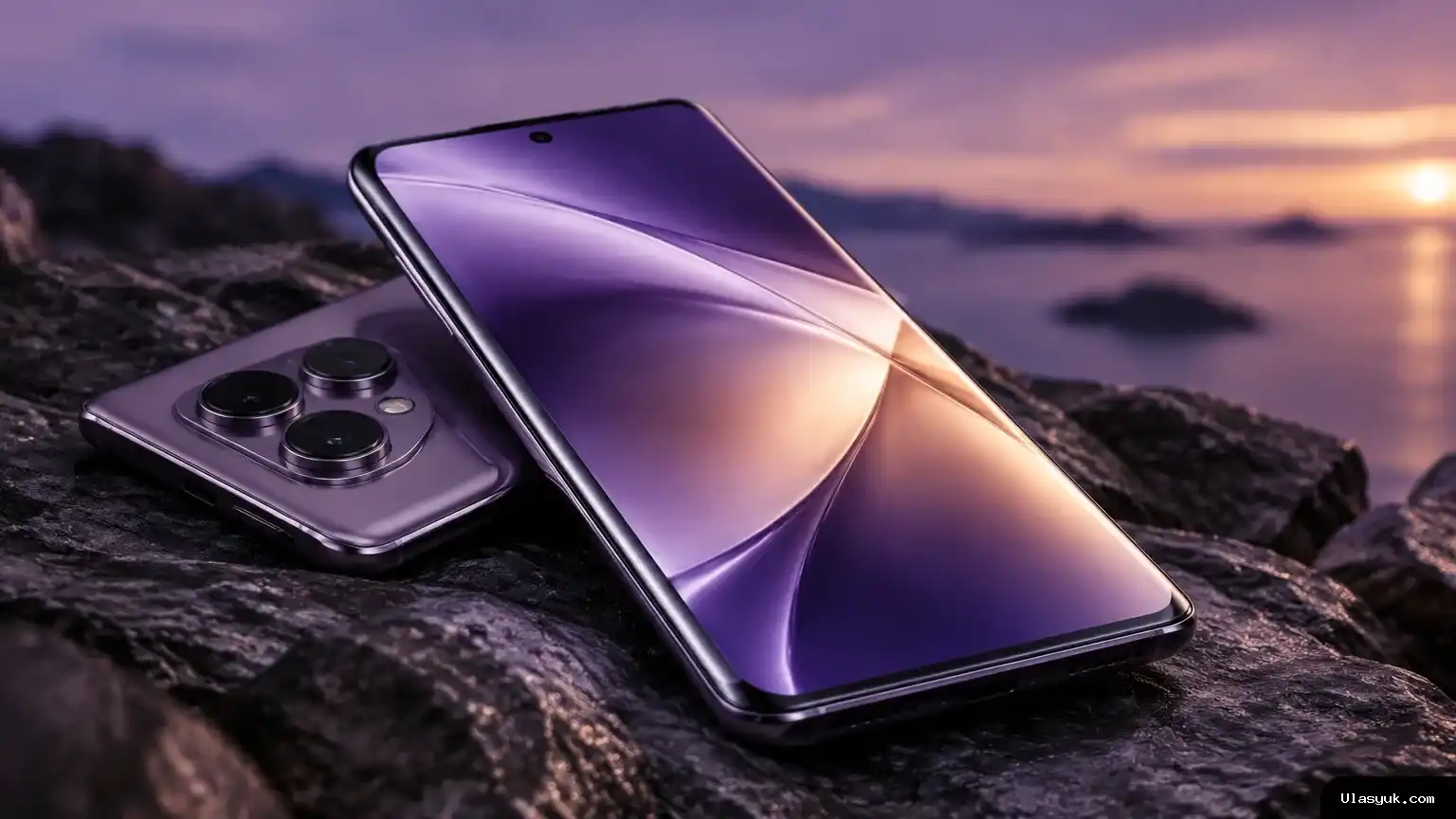 Sebuah ponsel premium ditampilkan dalam sudut dekat tiga perempat di atas permukaan gelap. Layar quad-curved memperlihatkan warna gradasi, sementara bingkai logam melengkung dan susunan kamera belakang tampak jelas. Ponsel dengan bingkai melengkung dan beberapa kamera belakang di atas permukaan gelap