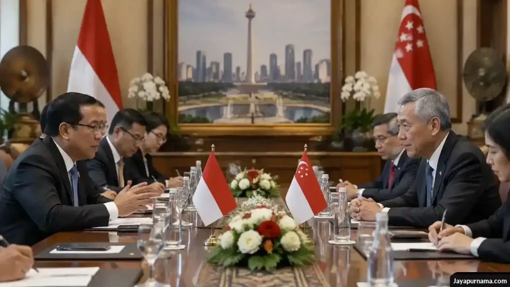 Dua menteri luar negeri dan delegasi mengadakan pertemuan bilateral di ruang resmi.