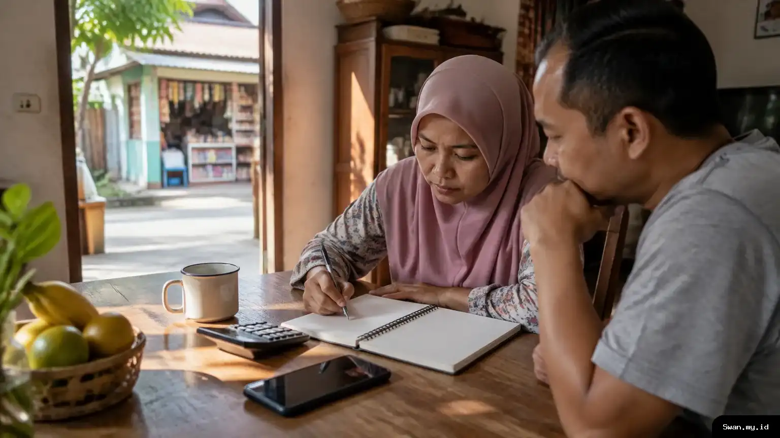 A family reviews household finances at home