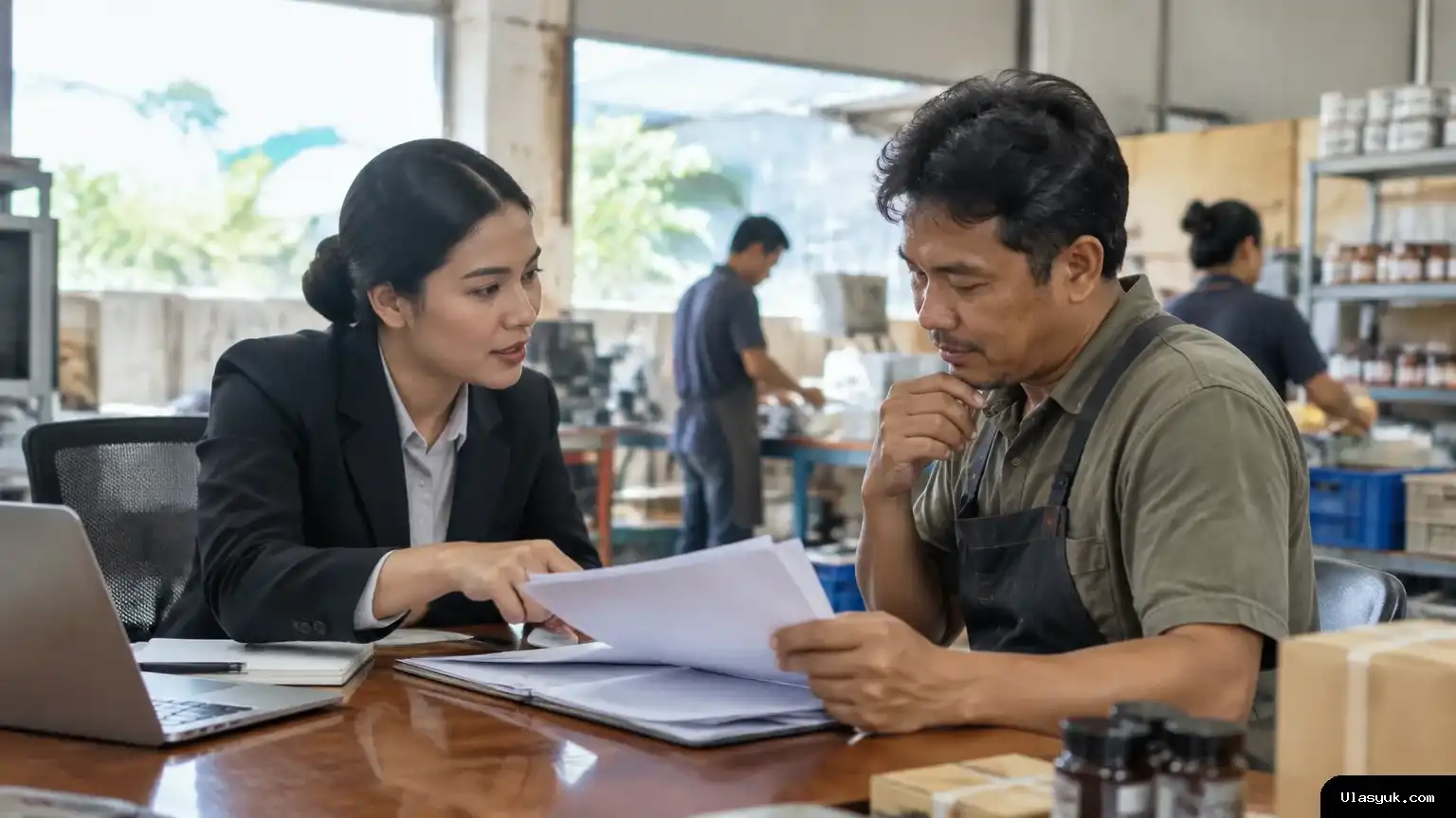 Adegan editorial memperlihatkan petugas bank dan pemilik usaha membahas dokumen pembiayaan di meja. Aktivitas pekerja di ruang produksi tampak samar di latar belakang, menggambarkan hubungan kredit perbankan dengan kegiatan ekonomi. Petugas bank membahas berkas pembiayaan bersama pemilik usaha di ruang kerja