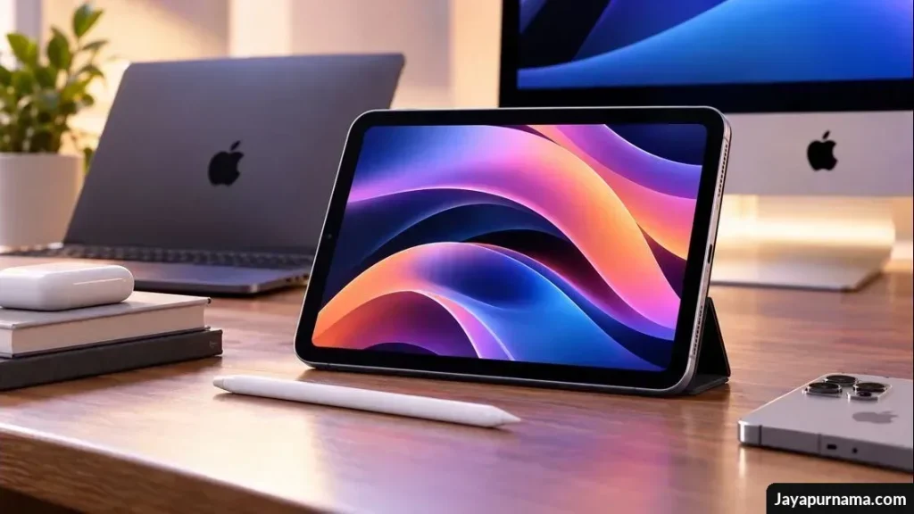 Tablet kompak dengan layar warna-warni di meja kerja bersama laptop dan stylus.